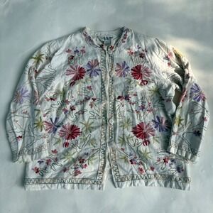 Vermont Country Store Womens Large White Floral Embroidered Linen Blend Jacket